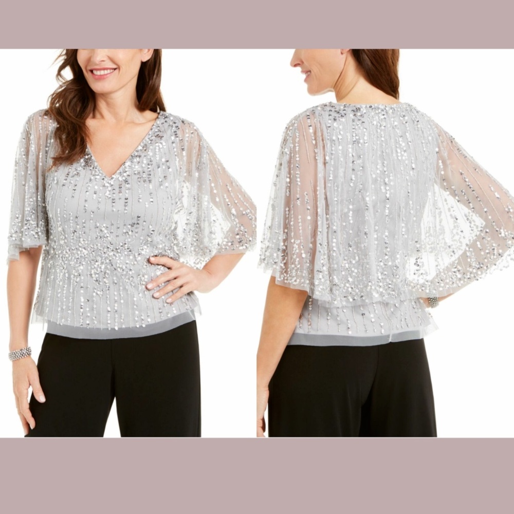 NEW Adrianna Pappel [‎ 2 ] Beaded Sequined V Neck Capelet Top Silver